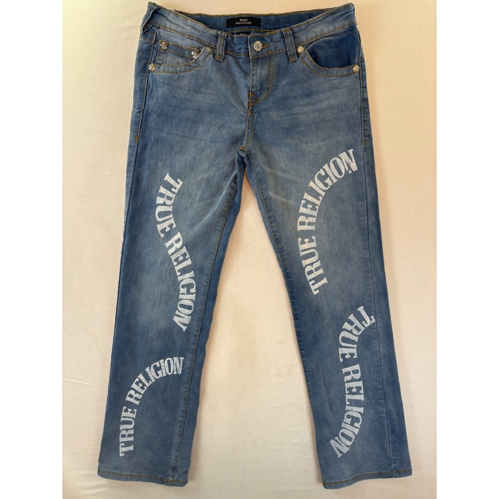 True Religion Ricky Relaxed Straight Boys Jeans Blue Logo Graphic Size 16 AOP